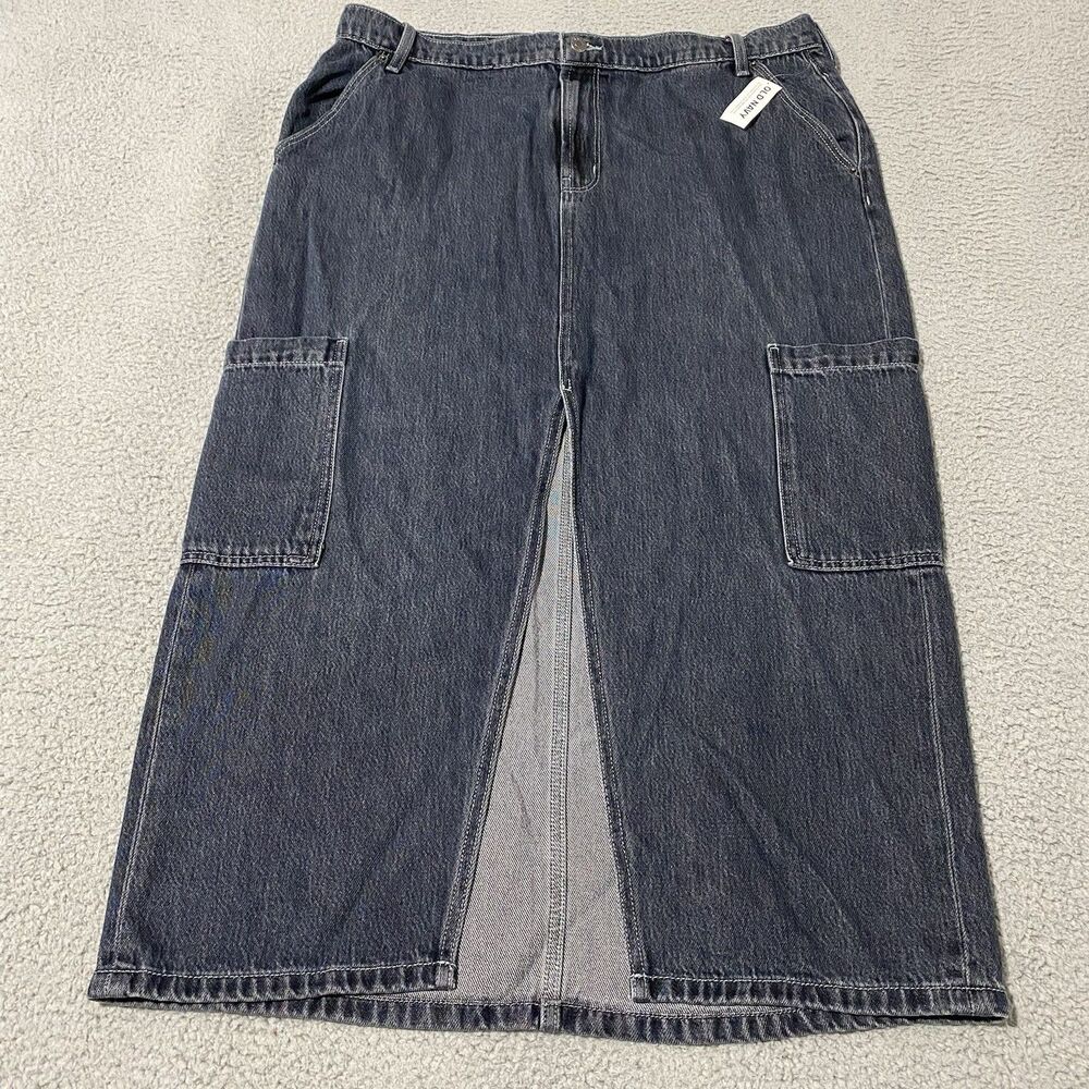 Old Navy Drapey Denim Cargo Maxi Skirt Womens 16 Blue Jean Slit Mid Rise Y2K NEW